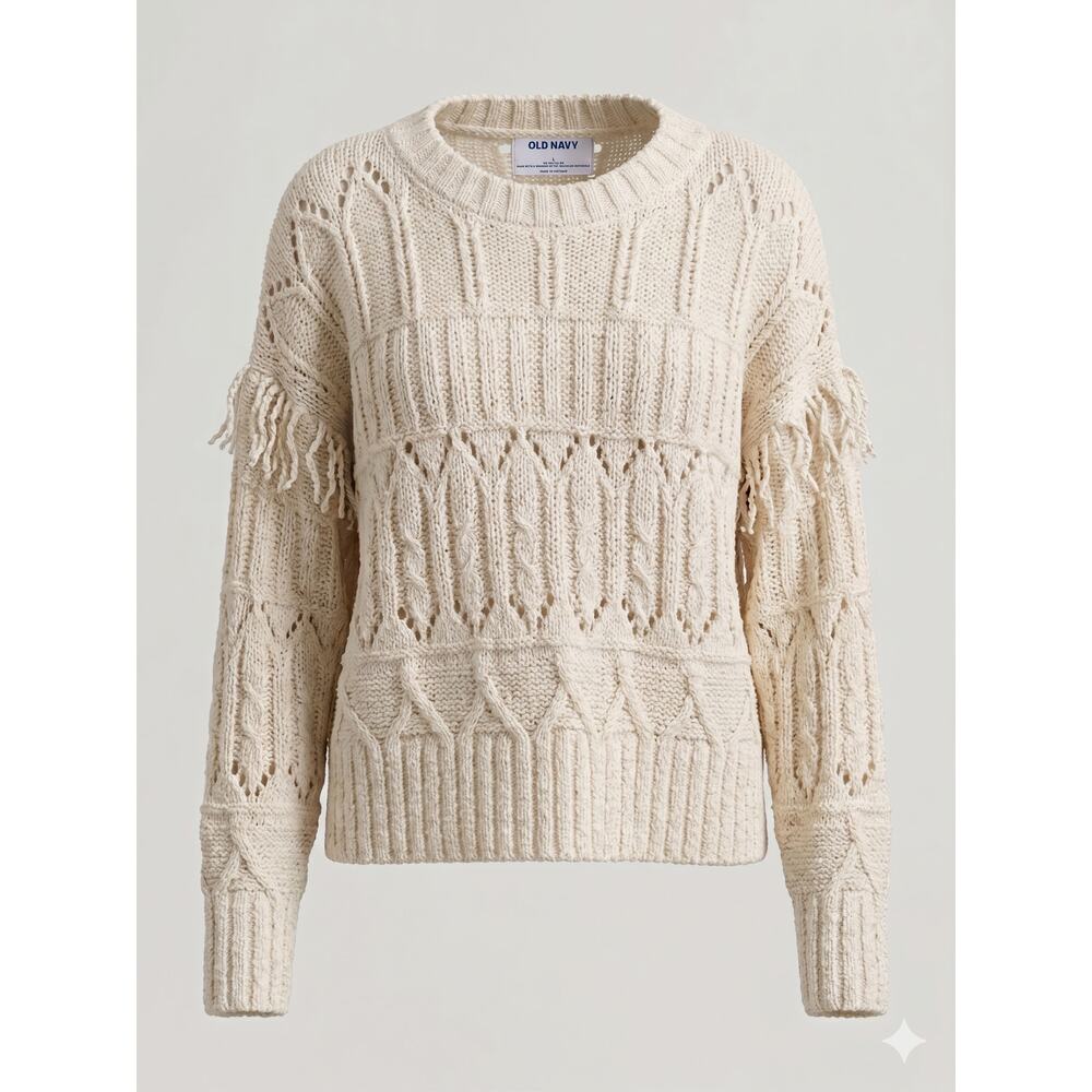 NWT Old Navy Womens L Boho Cottagecore Granola Girl Wool Fringe Pullover Sweater
